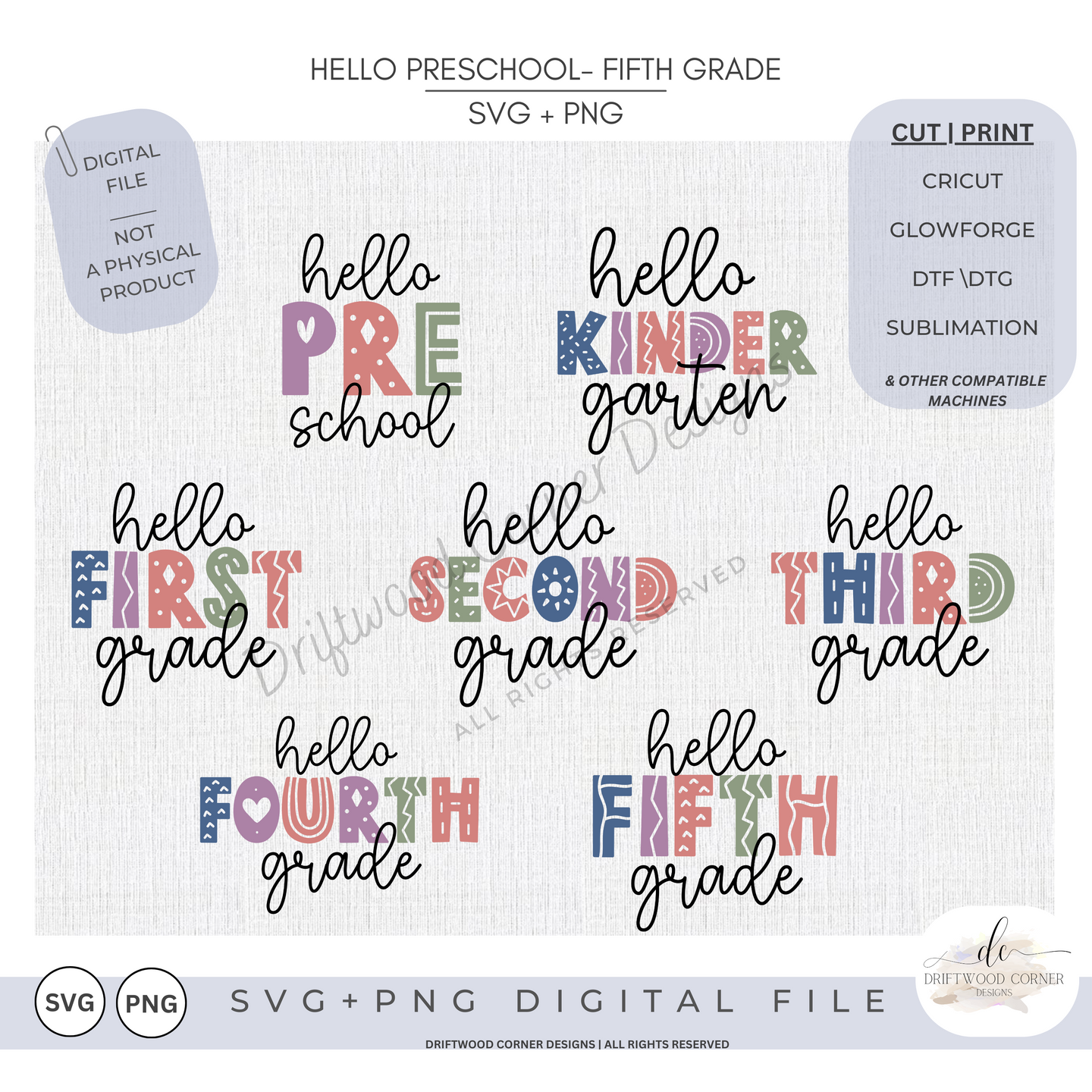 Hello Grades PreK-5 SVG + PNG Graphic Bundle